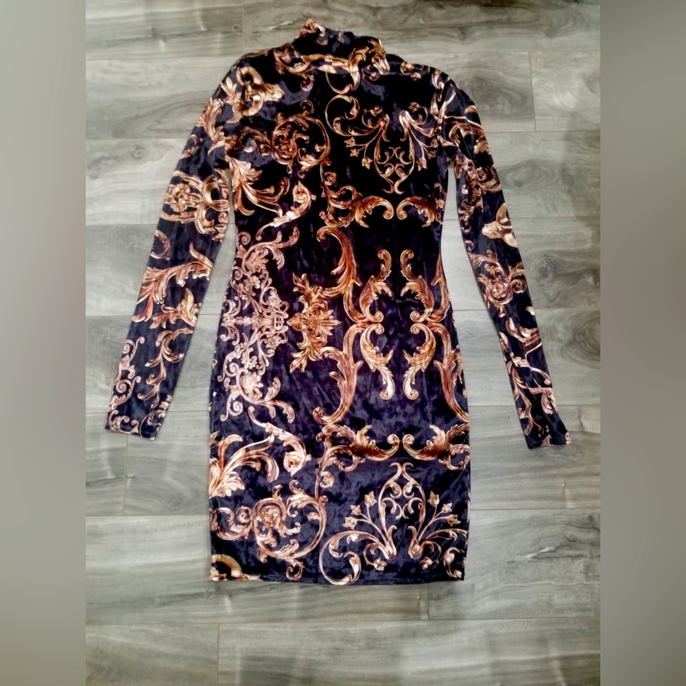 Blue velvet gold print print dress